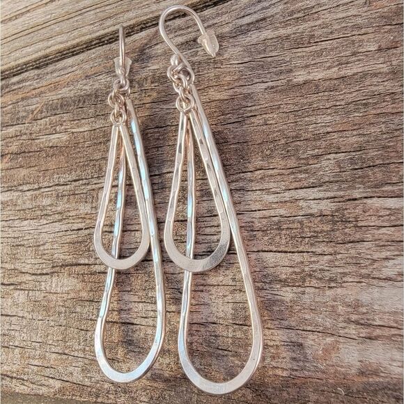 Sterling Two Tier Hammered Dangle Drop Hoop Earrings - Picture 3 of 6